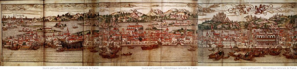 Gravure panoramique de Venise du 18ème siècle, réalisée par l'artiste hollandais Erhard Reuwich pour illustrer le livre de voyage de Bernhard von Breydenbach. L'œuvre originale a été publiée en 1486 dans l'ouvrage Peregrinatio in terram sanctam.